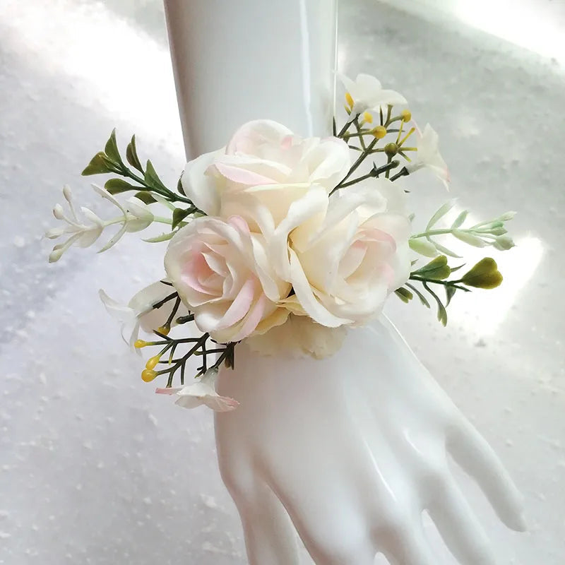 White Boutonniere Wedding Accessories Groom Buttonhole Wrist Corsage Brooch Flowers Artificial Silk Roses Bridesmaids Bracelets Good Vibrations