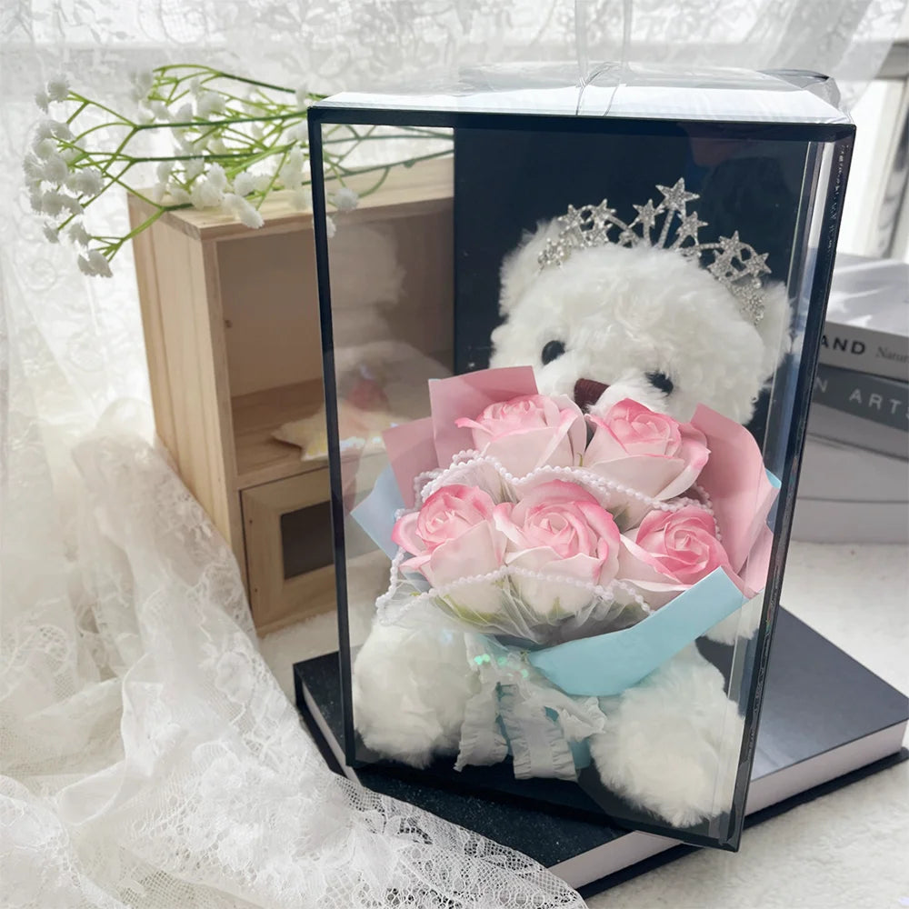 1pcs Plush Bear Rose Flower Bouquet Gift Box Luxury Artificial Soap Flowers Wedding Birthday Christmas New Year Party Decor Prop Good Vibrations