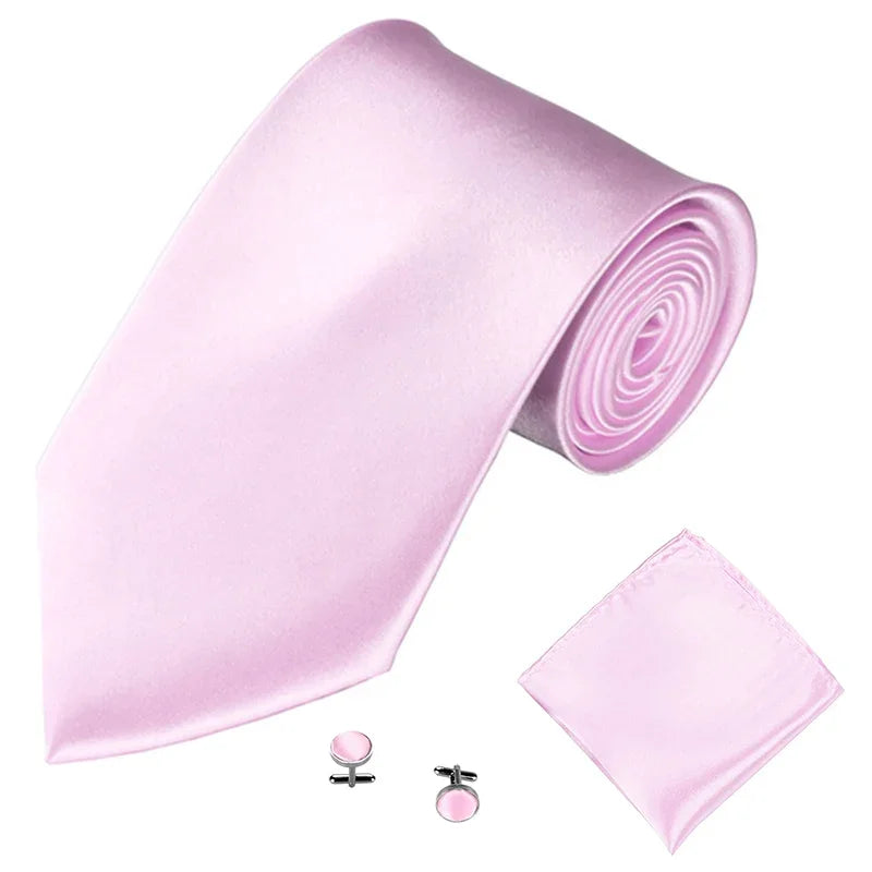 Fashion Men Women Tie Set 10CM 4'' Wedding Accessories Black White Red Blue Gray Yellow Pink Purple Cufflinks Hanky Necktie Sets Good Vibrations