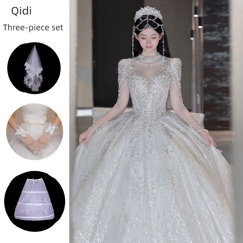 Long Sleeves Main Wedding Dress 2024 Bride New Arrival French Princess on the Run Pregnant Women Small Winter Long Tail Wedding Veil Good Vibrations