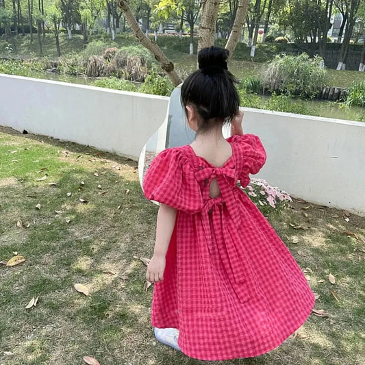 Bear Leader Rose Pink Plaid Bow Dress Elegant Lolita Child Big Girls Midi Dress Children Dresses Teens Party Princess Sundress Good Vibrations
