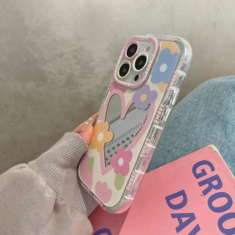 Cute Cartoon Flower Mirror Case for iPhone 15 14 13 Pro Max 12 11 15Pro Love Heart Colorful Make Up Ins Korean Shockproof Cover Good Vibrations