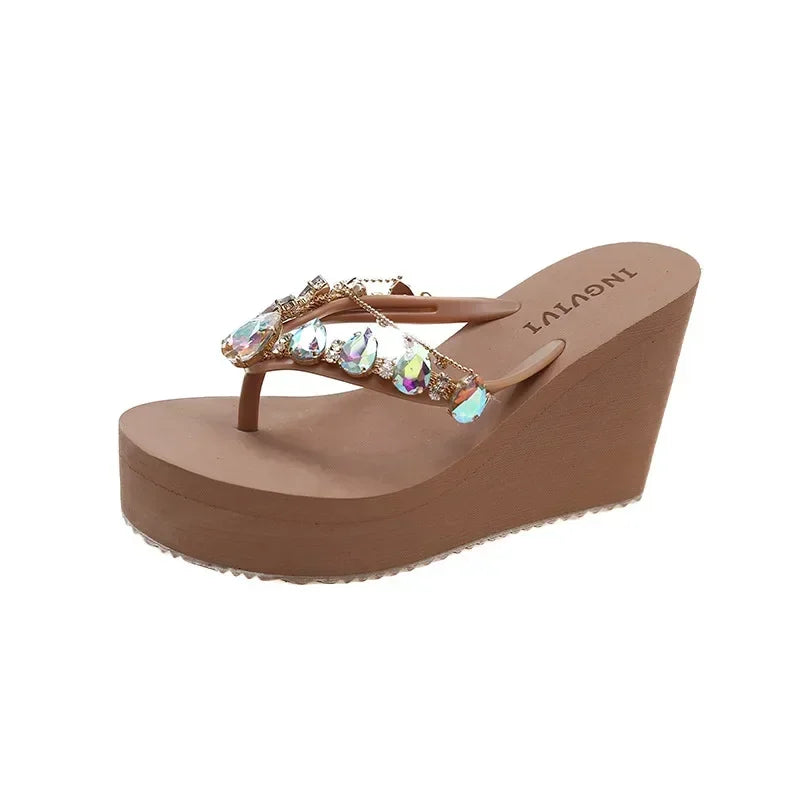 Flip Flops Women New High Heeled Slippers Women Diamond Slope Heel Slippers Elegant Fashion Beach Sandals Womens Sexy Shoes Good Vibrations
