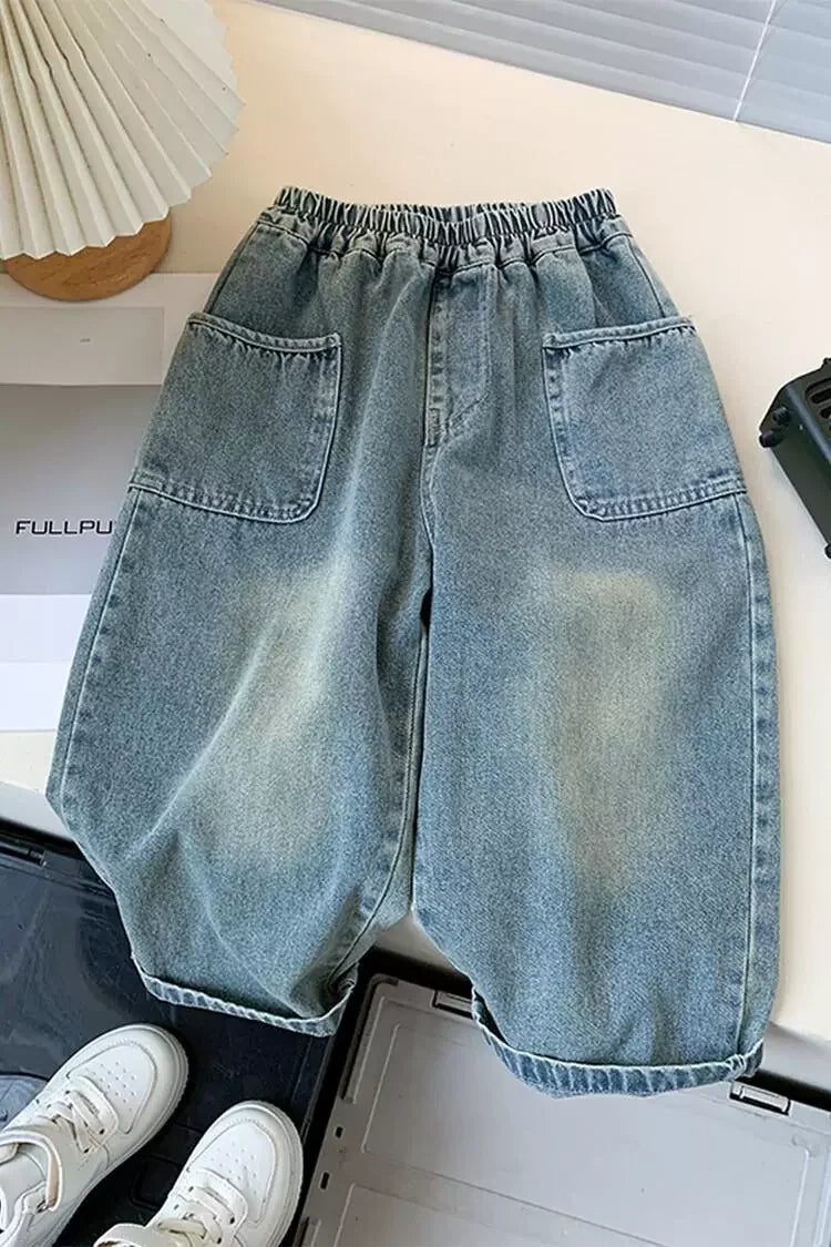 New Spring Autumn Childrens Boys Casual Trousers Foreign Side Pockets Polished Boys Jeans Stretch Versatile Kids Boys Pants Good Vibrations