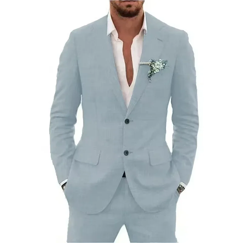 Summer Casual Linen Suit for Men 2 Pieces Blazer Pant Set Notched Lapel Formal Slim Fit Wedding Suit Prom Suits Groom Tuxedo Good Vibrations