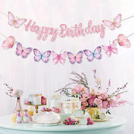 Pink Happy Birthday Banner With Butterfly Dancing Hanging Pendant Garlands  Girls Princess 1st Happy Birthday Party Decorations Good Vibrations