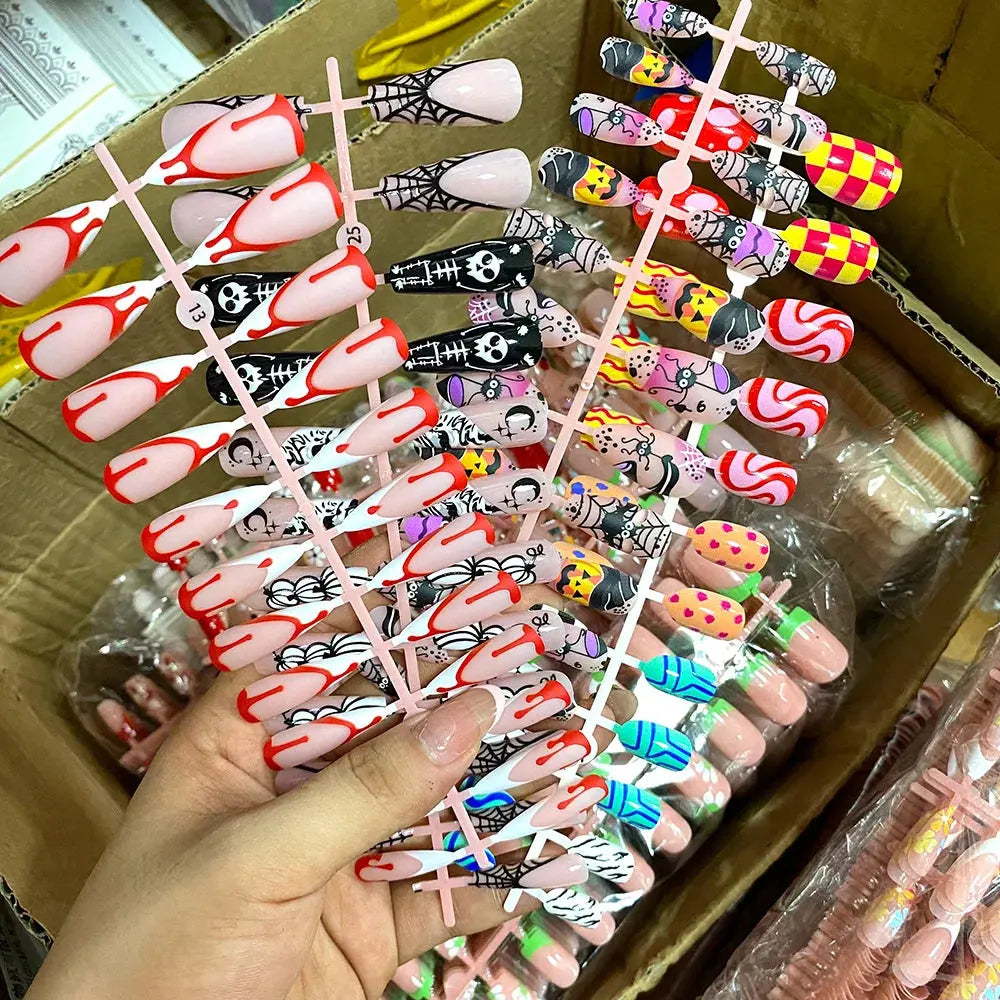 96Pcs Halloween Press on Nails Almond & Coffin Blood Red Nails with Skeleton Fake Nails Design Full Cover Artificial False Nails Good Vibrations