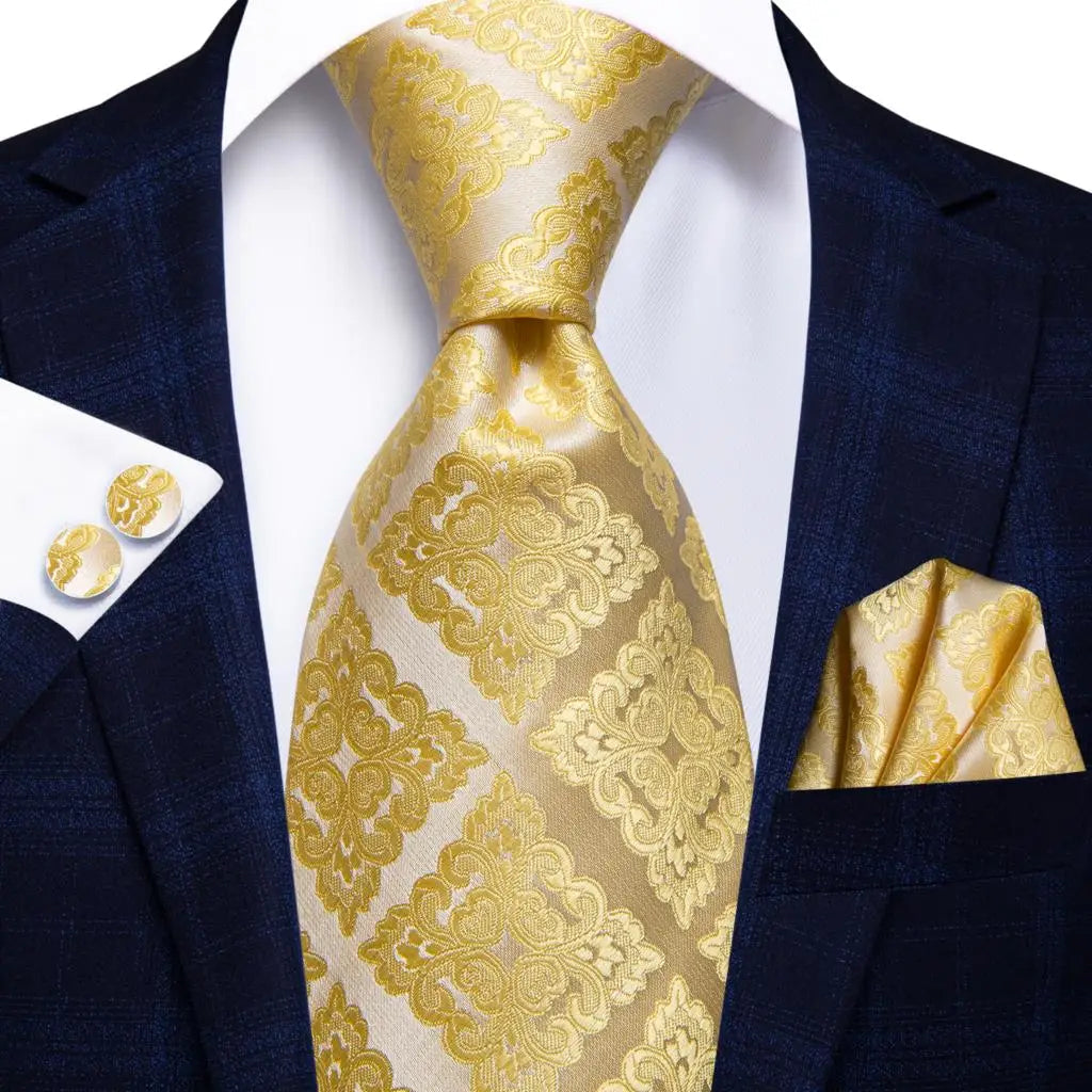 Hi-Tie Champagne Gold Striped Paisley Solid Men Silk Wedding Tie Fashion Design Necktie For Men Hanky Cufflink Business Party Good Vibrations