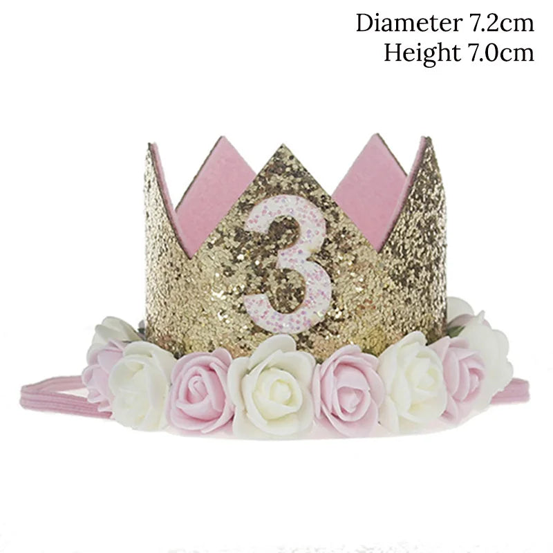 Baby Birthday Decoration Girl 1 2 3 Years Crown Hat Pink White Flower Sequins Crown 1st birthday Photo Prop Happy Birthday Gifts Good Vibrations