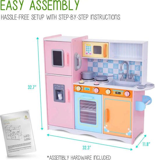 Kids Kitchen Set, Pretend Wooden Play Kitchen with Chalk Board, Play Phone, Towel Rack & Ice Dispenser, Clicking Knobs, Pots & U Good Vibrations