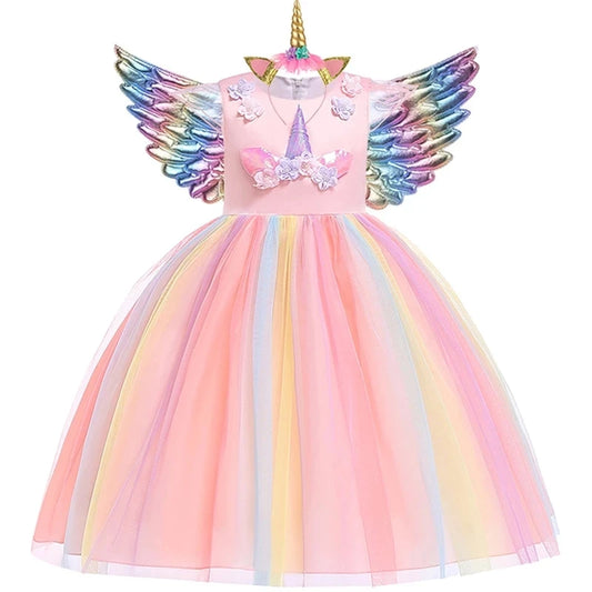 Kids Unicorn Dress for Girls Party Dresses Flower Appliques Ball Gown Little Girl Princess Costumes Summer Children Clothing Good Vibrations