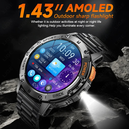 For Android ios New AMOLED Smart Watch Men with Flashlight Sports Waterproof Fitness Tracker Bluetooth Call Smartwatch Man+Box Good Vibrations