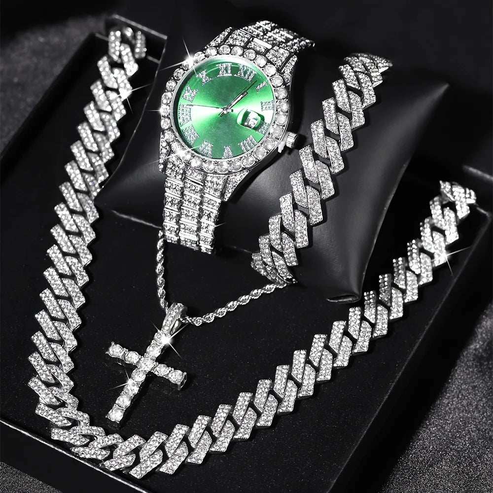 4pcs/set Mens Bling Wrist Watch & Hip Hop Cuban Chain Necklace Set - Rhinestone Accented, Round Dial, Electronic Quartz Movement Good Vibrations