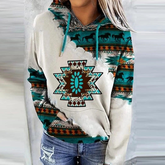 Womens Casual Geometric Horse Print Long Sleeve Drawstring Pullover Tops, Ethnic Style Hooded Sweatshirt Good Vibrations