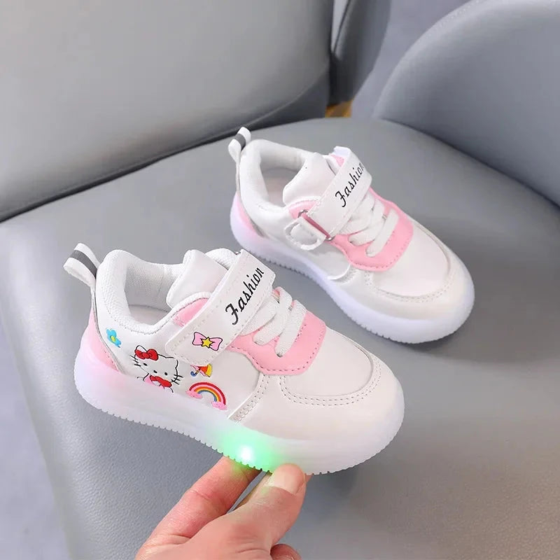 Sanrio LED Kids Shoes for Girls Cute Cartoon Hello Kitty Shoes Summer Girl Kawaii Shoes Soft Bottom Sneakers Casual Shoes Good Vibrations