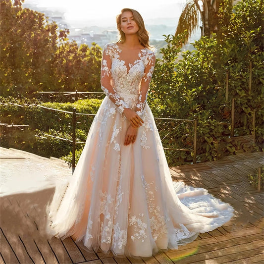 Enternity Fashionable A-line Wedding Gown For Bride Full Sleeves Court Train O-neck Lace Appliques vestidos de novia Customized Good Vibrations