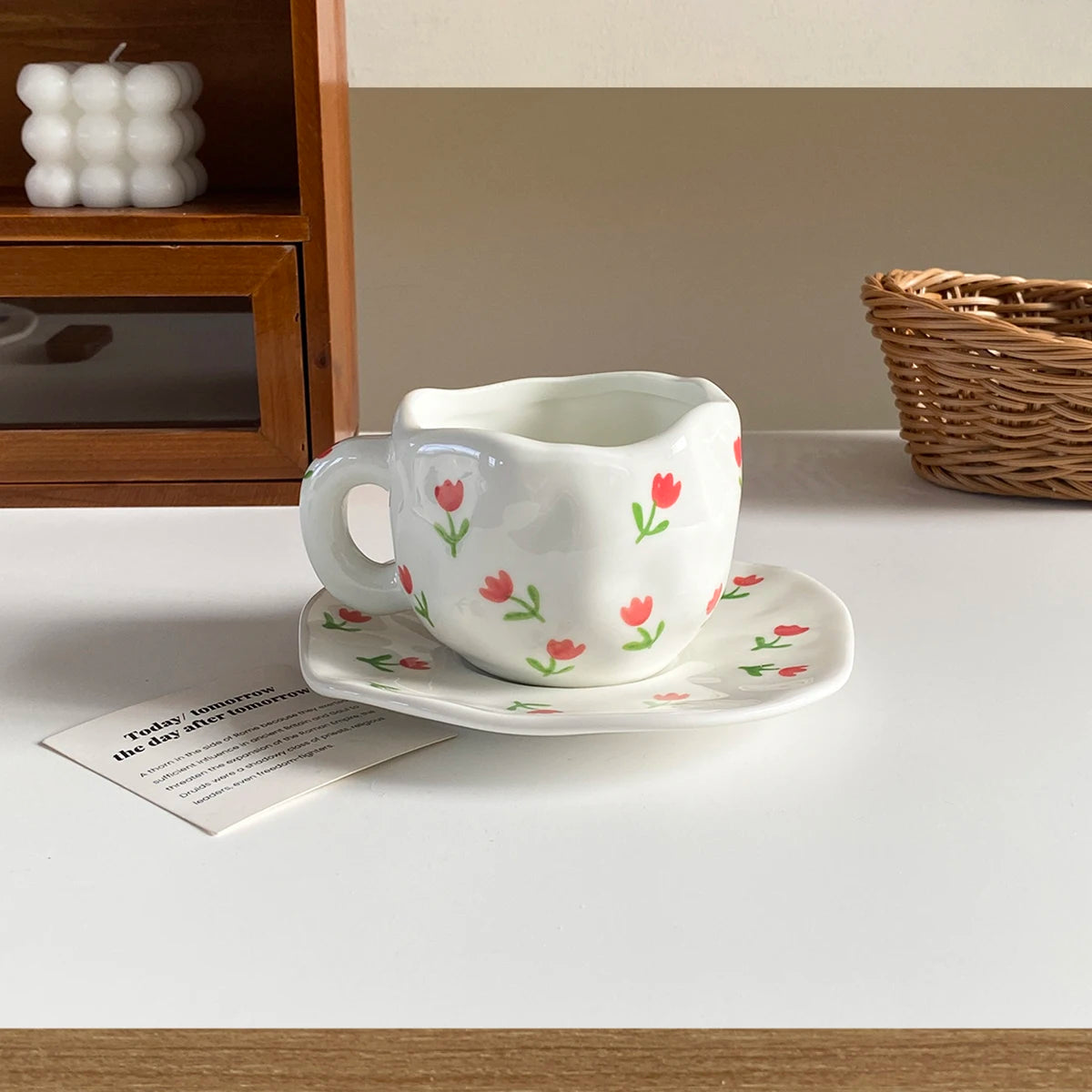 1Pc280Ml Original Design Scandinavian Style Hand-Kneaded Ceramic Coffee Cup and Saucer Multi-Color Plaid Heart Blue Sky and White Clouds Flower Mug Suitable for Afternoon Tea Milk Cup and Saucer Latte Cup Dessert Plate Cup an Good Vibrations