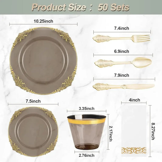 350Pcs Clear Bla Plastic Plates For 50 Guests, Disposable Plates With Gold Trim Lude 50 Dinner And Dessert Plates, 150 Gold Good Vibrations