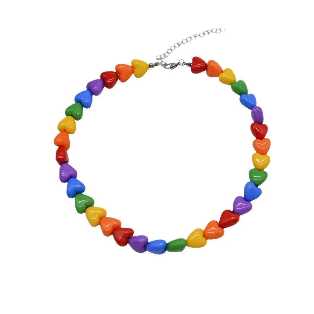 Chic Pride Rainbow Necklace Acrylic Love Adjustable Collarbone Chain Neck Jewelry Charm Heart Beaded Necklace Party Supplies Good Vibrations