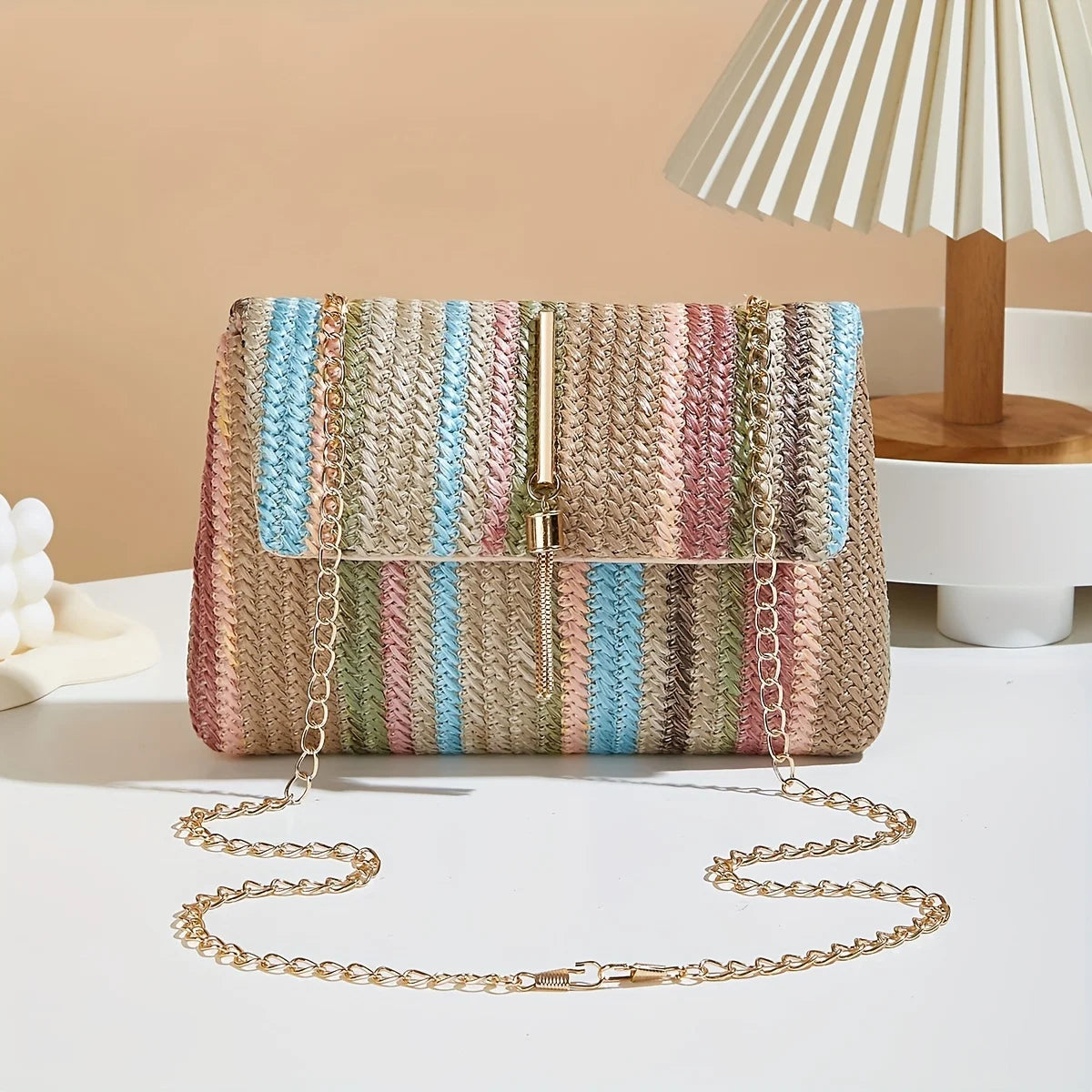 Chic Rainbow Stripe Straw Crossbody Bag for Women Adjustable Shoulder Strap Magnetic Closure Tassel Accent, Fashion Square Purse Good Vibrations