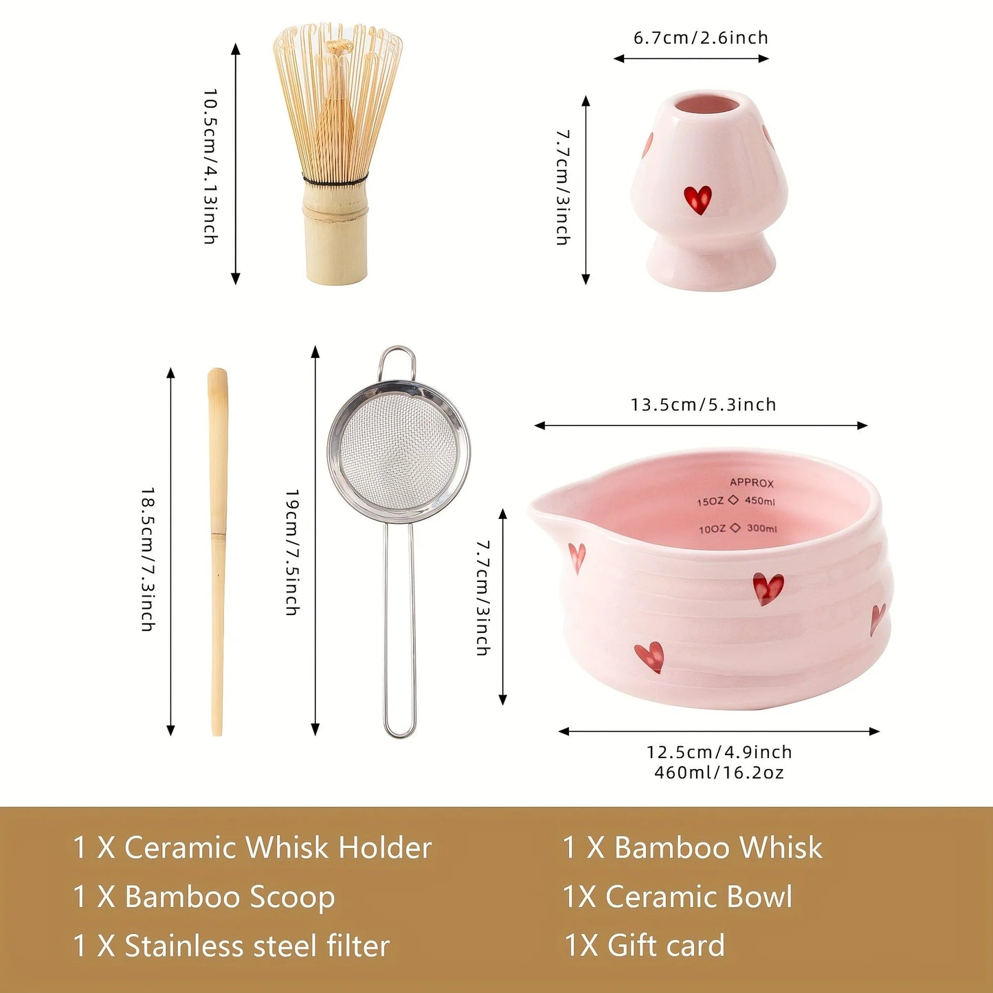5pcs gift box set of matcha mixer (including gift card), pink heart-shaped Japanese matcha set, birthday and Thanksgiving gifts Good Vibrations