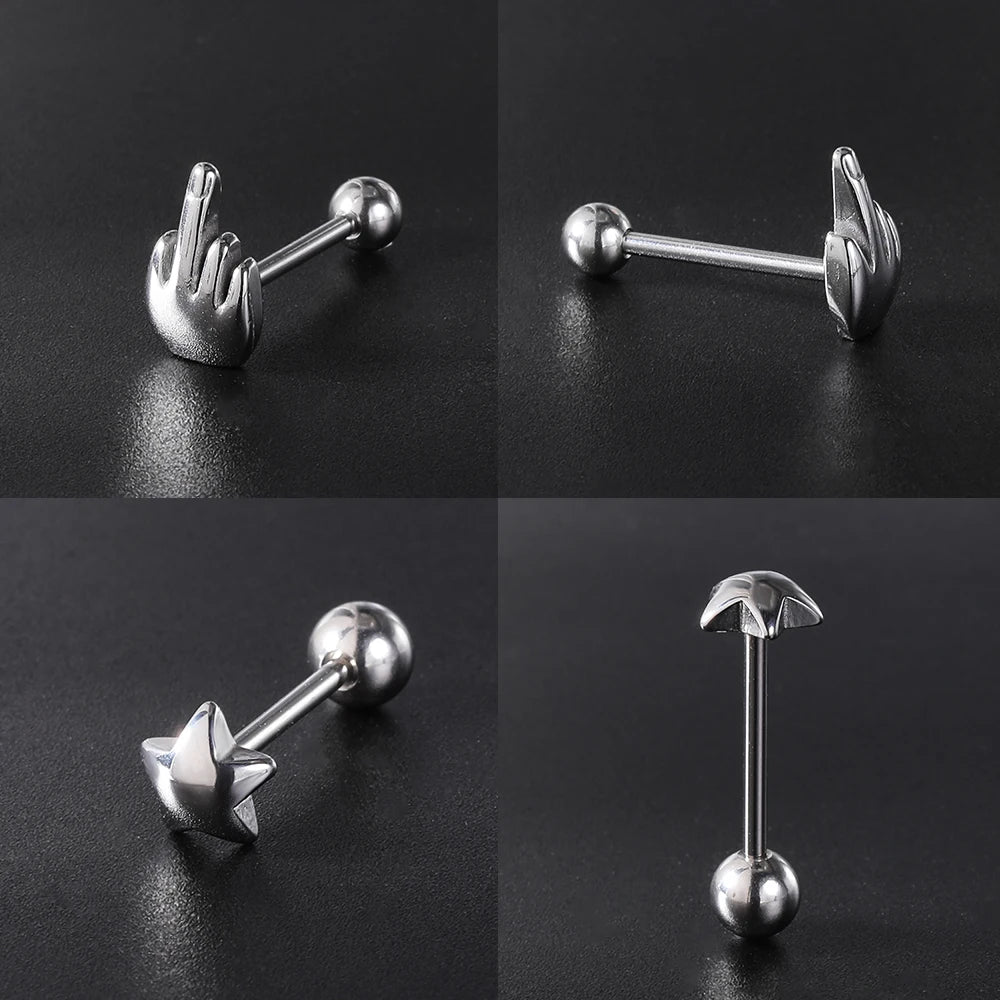 ZS 1Piece 14G Oil Luminescence Tongue Piercing Rings Stainless Steel Tongue Stud Skull Star Studs Earrings BCR Piercings Jewelry Good Vibrations Adult Super Store
