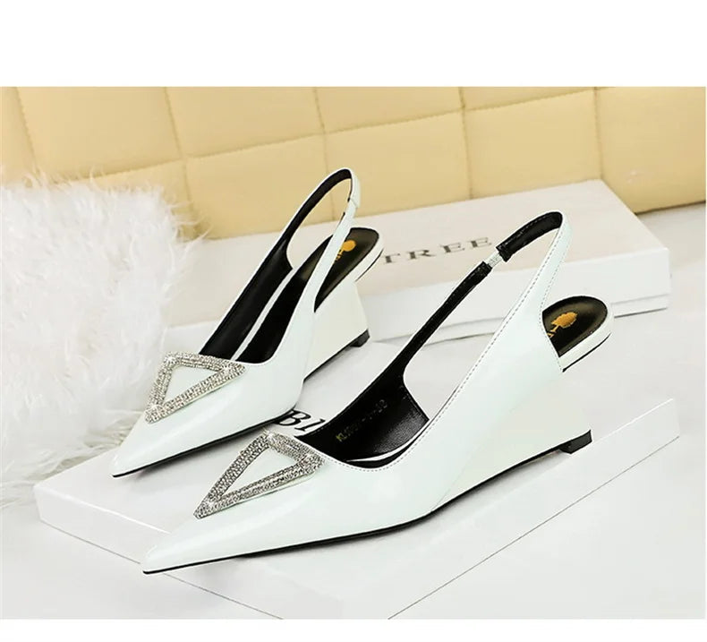 Wedges Women Shoes High Heel Shallow Pointed Toe Hollow Back Straps Patent Leather Triangle Metal Crystal Buckle Pumps Good Vibrations