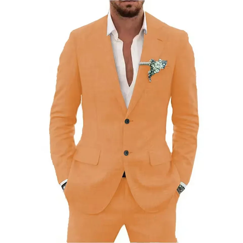 Summer Casual Linen Suit for Men 2 Pieces Blazer Pant Set Notched Lapel Formal Slim Fit Wedding Suit Prom Suits Groom Tuxedo Good Vibrations