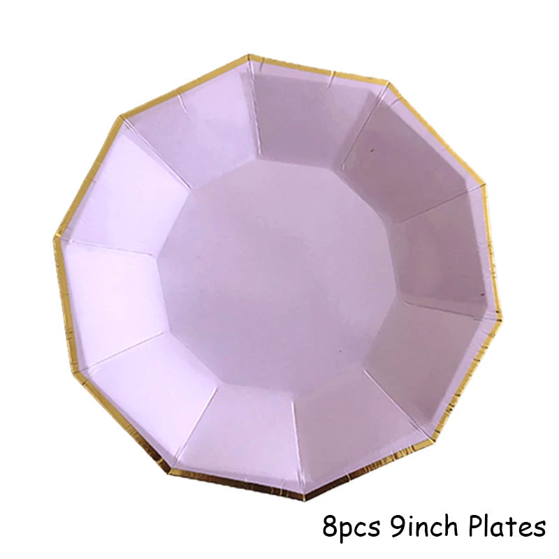 Purple Gold Party Paper Cup Plate Straw For Birthday Carnival Kids Favors Wedding Decor Disposable Tableware Party Supplies Good Vibrations