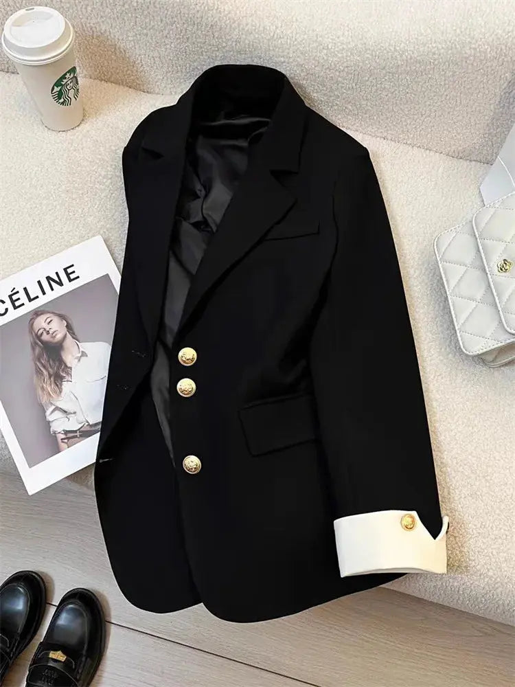 Single Breasted Notched Blazer Jackets Fashion Women Solid Long Sleeve Office Lady Blazers Casual Spring Autumn Female Clothes Good Vibrations