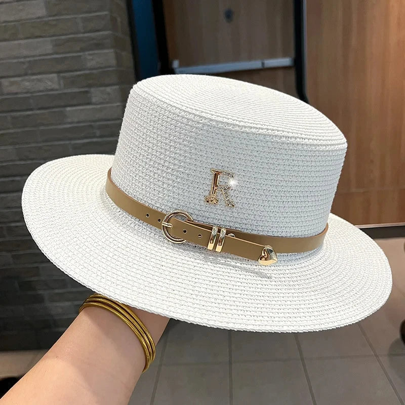 Summer Sun Hat Flat Top Straw Hats for Women New Metal R Letter Fashionable Beach Sun Hat Females Travel Holidays Boater Hat Good Vibrations