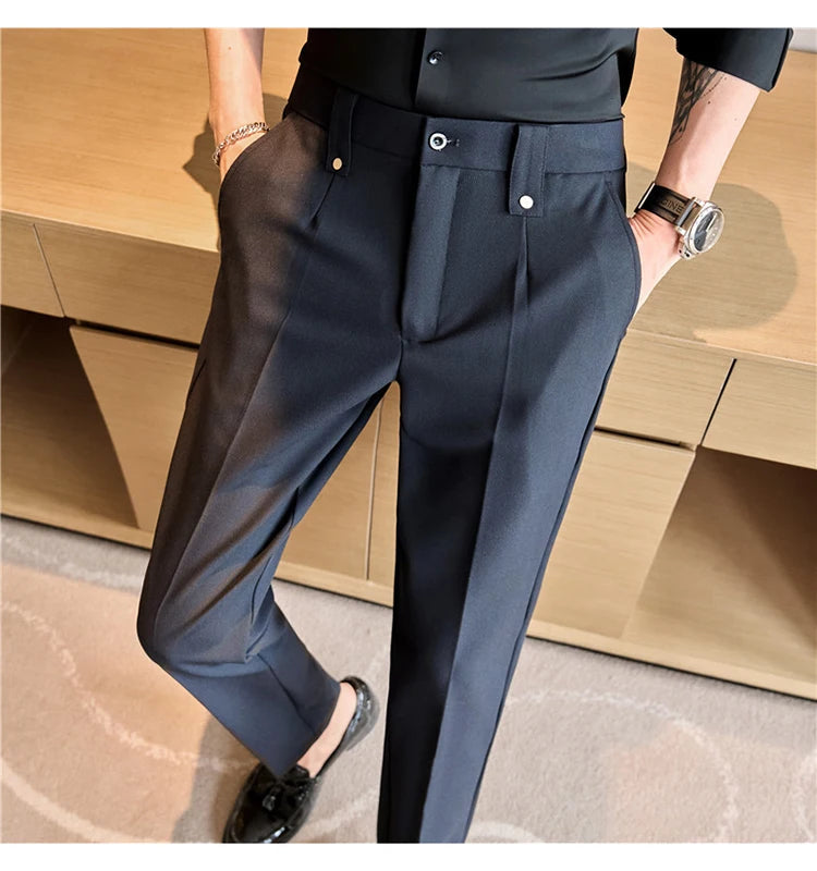 Mens Suit Pants 2025 Autumn New British Style Elastic Waist Solid Casual Formal Dress Pants Slim Fit Trousers for Men Clothing Good Vibrations