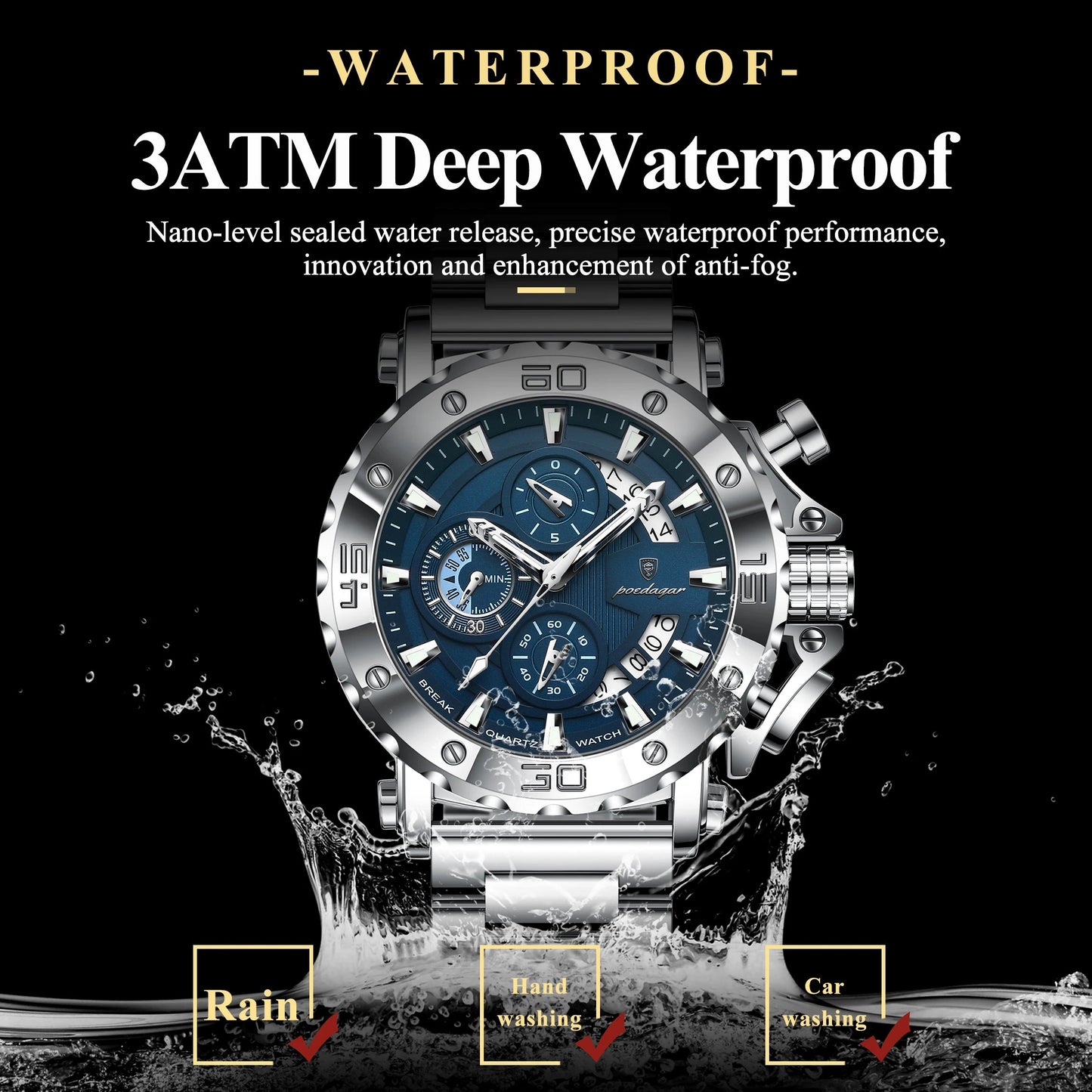 POEDAGAR Luxury Watch For Men Calendar Luminous Waterproof Man Clock Male Chronograph Stainless Steel Men's Quartz Watches Reloj Good Vibrations