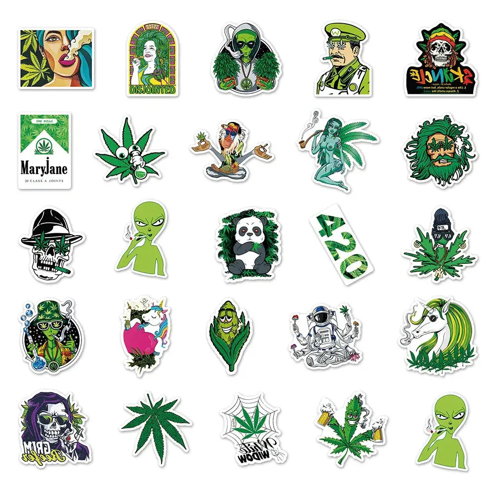 Funny weed-themed cartoon stickers, waterproof and reusable, ideal for laptops and bikes.
