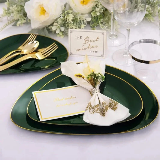 180Pcs Green Plastic Plates, Green Disposable Plates withInclude: 30 Dinner Plates 30 Dessert Plates 90 Gold Cutlery 30 Cups Good Vibrations