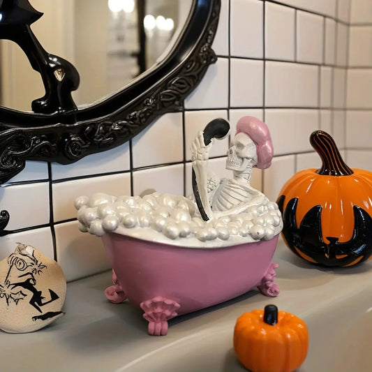 Pink Bathtub Ghost Decor - Cute Gothic Skeleton Resin Figurine, Spooky Halloween Ornament for Bathroom Good Vibrations