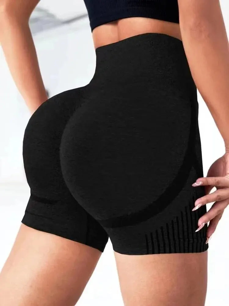 High-waist seamless black women yoga shorts made of polyester, nylon, and spandex with knitted herringbone fabric for workout and running.