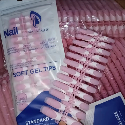 120pcs Pink French Tip Press-On Nails Medium Length Square Shape With Glossy Finish False Nails Full Cover Pre-Shaped Fake Nails Good Vibrations
