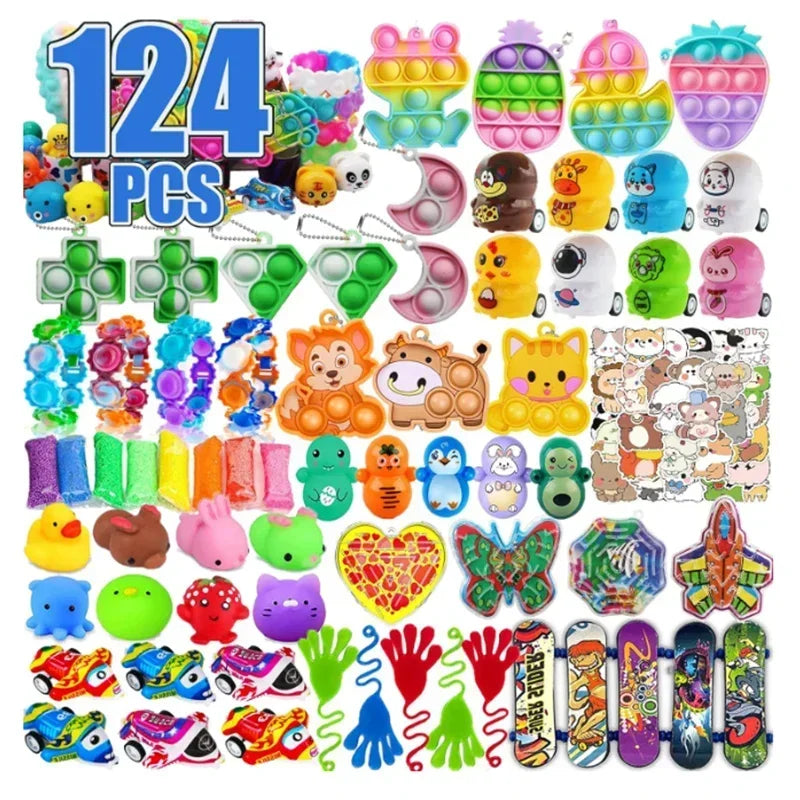 117/124/135pc Kids Birthday Pinata Toys Snap Bracelets Push Bubble Fidget Toys Carnival Prize Pinata Filler Bulk Toys Kids Gifts Good Vibrations