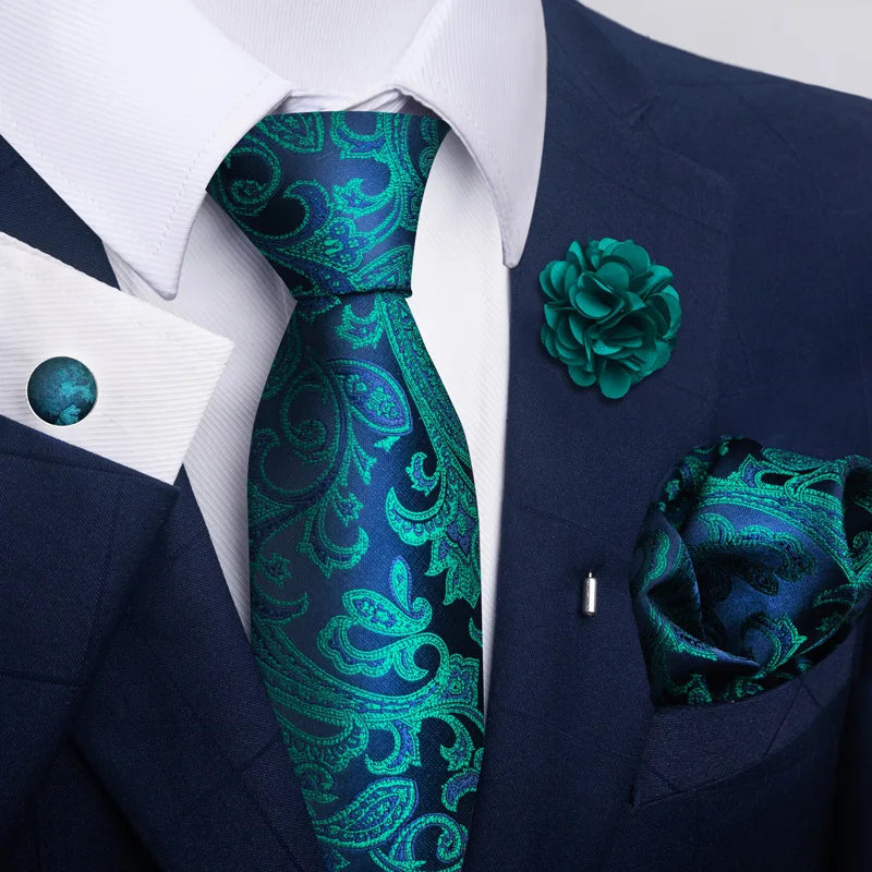 Luxury Mens Ties Floral Black Gold Ties Paisley NeckTie Pocket Square Cufflinks Brooch Set Men's Wedding Party Tie Good Vibrations