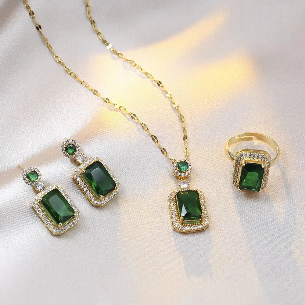 Classic Women's Three Piece Jewelry Set Statement: Jadeite Ring, Fashion Green Zircon Ring, Earrings, Necklace, Wedding Jewelry Good Vibrations