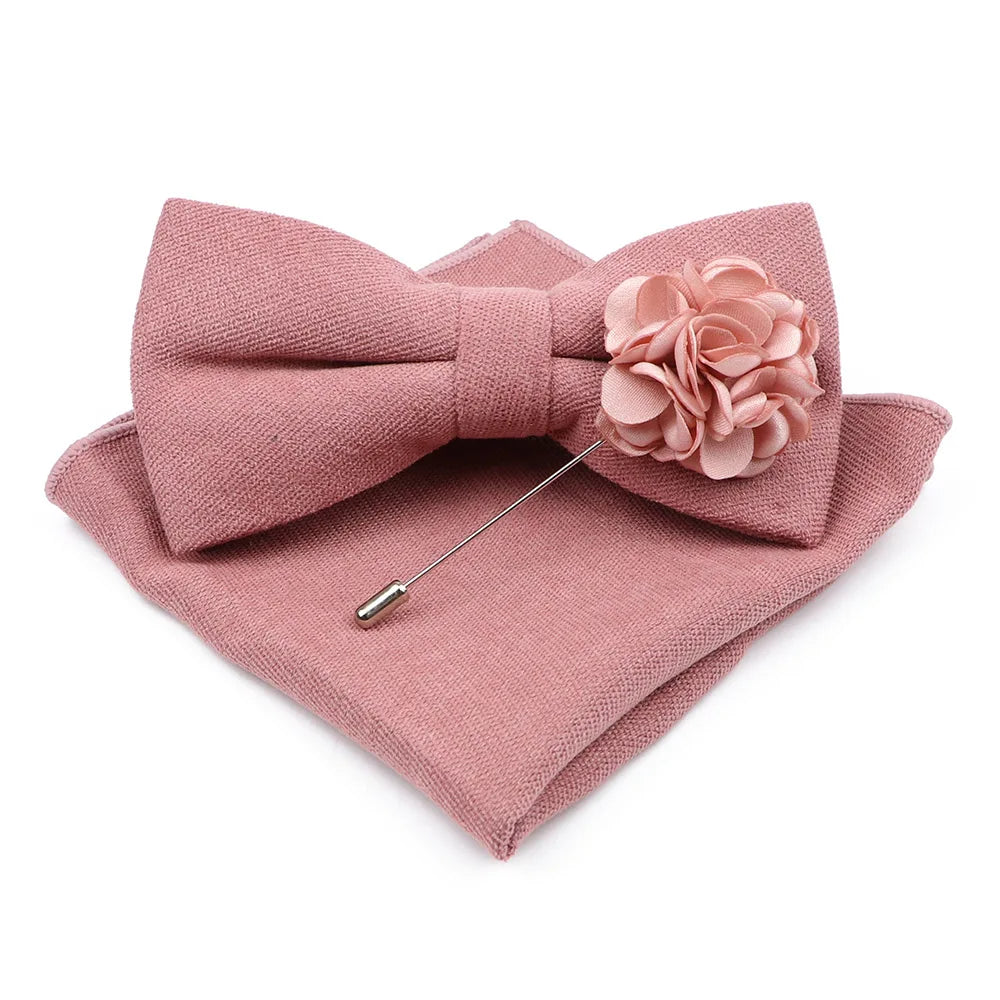 Mens Solid Color Cotton Bowtie Pocket Square Brooch Sets Pink Blue Super Soft Suede Bow Tie Handkerchief For Wedding Party Gift Good Vibrations