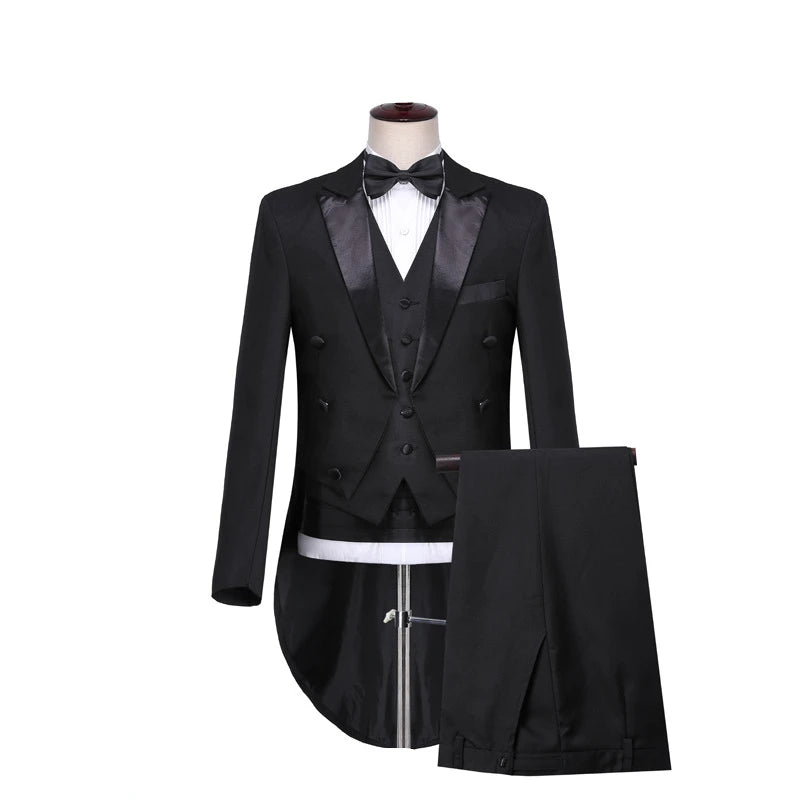Mens Tuxedo Tailcoat Formal Dress Suits Swallow Tail Coat Navy Blue Male Jacket and Pants Party Wedding Dance Magic Performance Good Vibrations