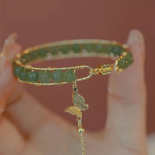 Round Jade Beaded Bracelet For Women Magnetic Bangle Butterfly Pendant Hand Chain Girls Exquisite Emerald Jewelry Birthday Gift Good Vibrations
