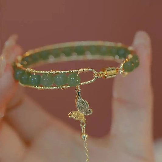 Round Jade Beaded Bracelet For Women Magnetic Bangle Butterfly Pendant Hand Chain Girls Exquisite Emerald Jewelry Birthday Gift Good Vibrations