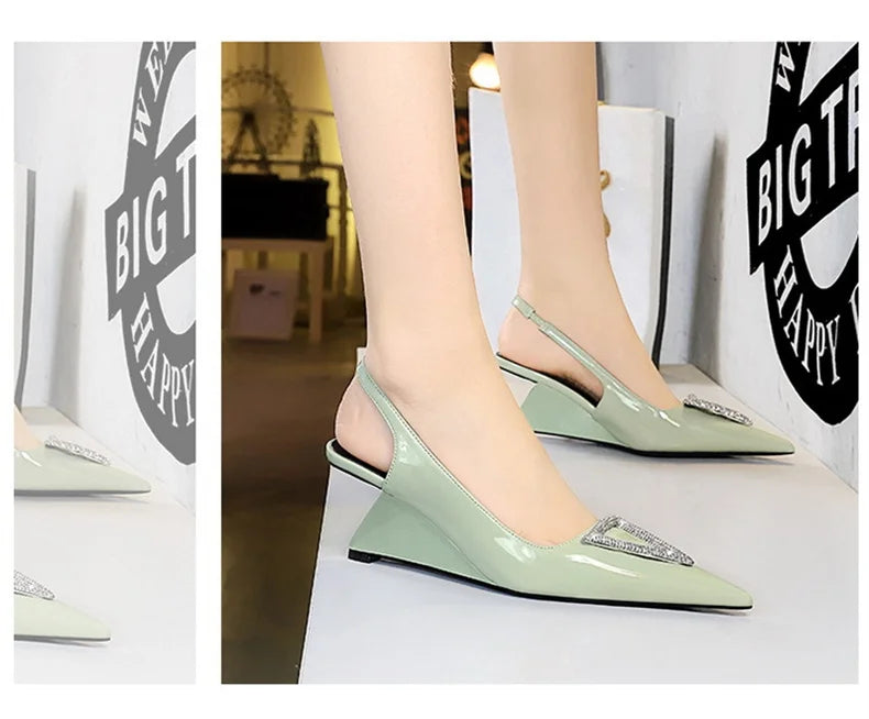 Wedges Women Shoes High Heel Shallow Pointed Toe Hollow Back Straps Patent Leather Triangle Metal Crystal Buckle Pumps Good Vibrations