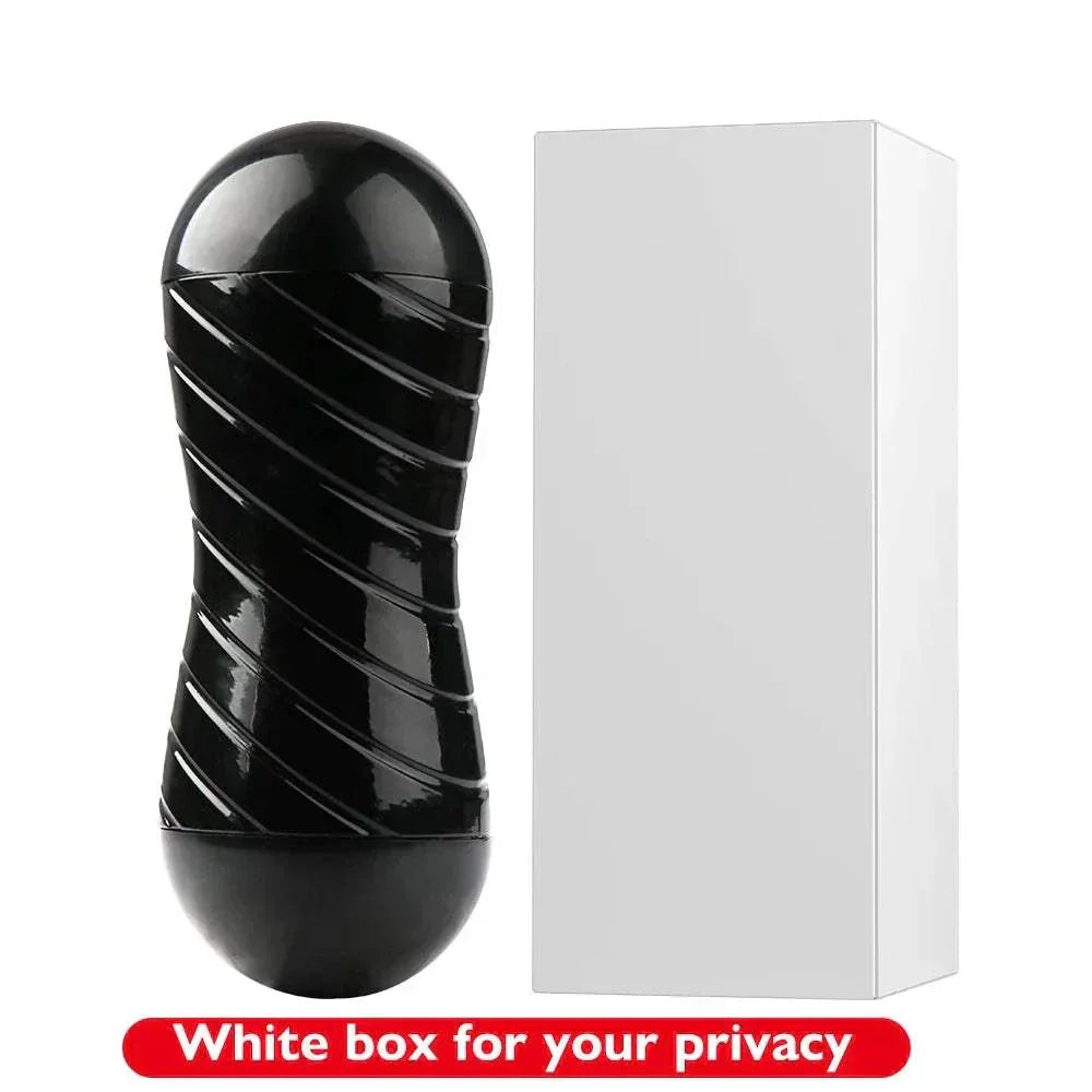 Black male masturbation cup with discreet packaging.