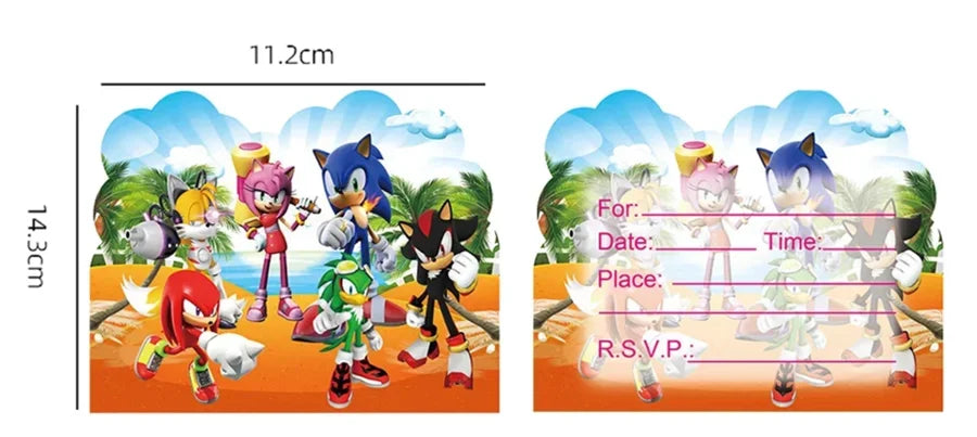 10pcs Cartoon Sonic Invitation Cards Birthday Party Decorations Disposable Paper Thank You Card Baby Shower Kids Party Good Vibrations