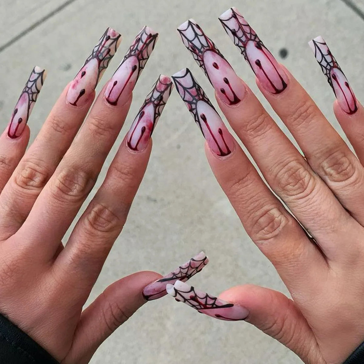 Scary Blood Skull Fake Nails Long Coffin Ballet Halloween Style False Nails 24pcs Wearable Press on Nail tips for Halloween Gift Good Vibrations