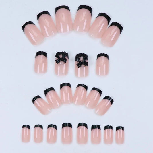24pcs Press on Nails Short Almond Bowknot Black Press on Nails White Pearl Sweet French Tip Press on Nails Cute Nail Artificial Good Vibrations